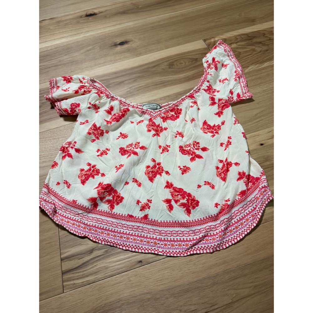 Flying Tomato Crop Top Women Small Red White Floral Boho Off Shoulder Blouse